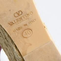 Pre Owned Valentino Pink Leather Studded Bow Espadrille Platform Wedge Slingback Sandals Size 40