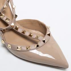 Pre Owned Valentino Beige Patent And Leather Rockstud  Ankle Strap Pumps Size 38