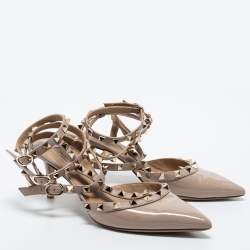 Pre Owned Valentino Beige Patent And Leather Rockstud  Ankle Strap Pumps Size 38