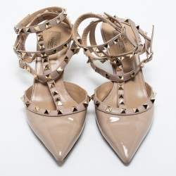 Pre Owned Valentino Beige Patent And Leather Rockstud  Ankle Strap Pumps Size 38