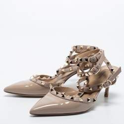 Pre Owned Valentino Beige Patent And Leather Rockstud  Ankle Strap Pumps Size 38