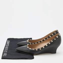 Pre Owned Valentino Black Leather Rockstud Wedge Pumps Size 37.5