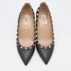 Pre Owned Valentino Black Leather Rockstud Wedge Pumps Size 37.5