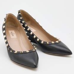 Pre Owned Valentino Black Leather Rockstud Wedge Pumps Size 37.5