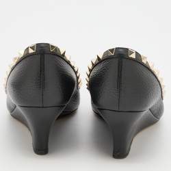 Pre Owned Valentino Black Leather Rockstud Wedge Pumps Size 37.5