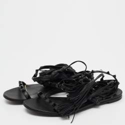 Pre Owned Valentino Black Leather Rockstud Ankle Wrap Sandals Size 36