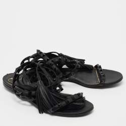 Pre Owned Valentino Black Leather Rockstud Ankle Wrap Sandals Size 36