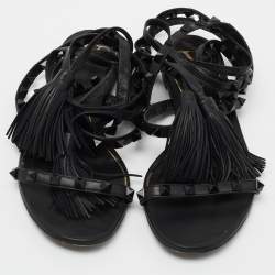 Pre Owned Valentino Black Leather Rockstud Ankle Wrap Sandals Size 36