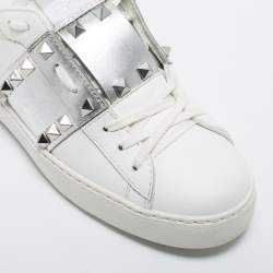 Pre Owned Valentino White/Silver Leather Rockstud Sneakers Size 36