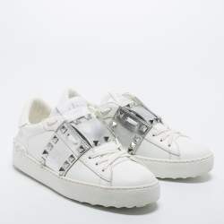 Pre Owned Valentino White/Silver Leather Rockstud Sneakers Size 36