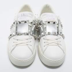 Pre Owned Valentino White/Silver Leather Rockstud Sneakers Size 36