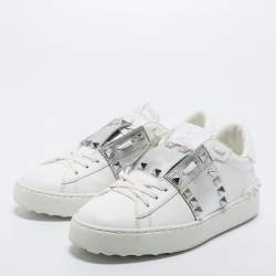 Pre Owned Valentino White/Silver Leather Rockstud Sneakers Size 36