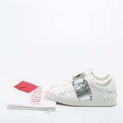 Pre Owned Valentino White/Silver Leather Rockstud Sneakers Size 36