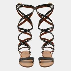 Pre Owned Valentino Black Leather Gladiator Flat Sandals Size 40