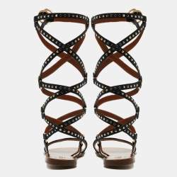 Pre Owned Valentino Black Leather Gladiator Flat Sandals Size 40