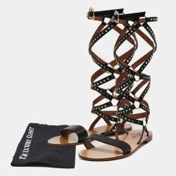 Pre Owned Valentino Black Leather Gladiator Flat Sandals Size 40
