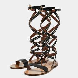 Pre Owned Valentino Black Leather Gladiator Flat Sandals Size 40