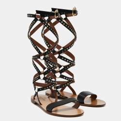Pre Owned Valentino Black Leather Gladiator Flat Sandals Size 40