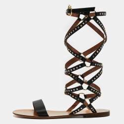 Pre Owned Valentino Black Leather Gladiator Flat Sandals Size 40