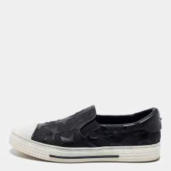 Pre Owned Valentino Black/White Canvas and Leather Star Embellished Slip On Sneakers Size 45