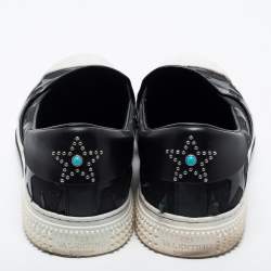 Pre Owned Valentino Black/White Canvas and Leather Star Embellished Slip On Sneakers Size 45