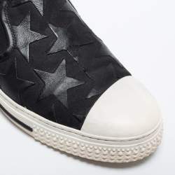 Pre Owned Valentino Black/White Canvas and Leather Star Embellished Slip On Sneakers Size 45