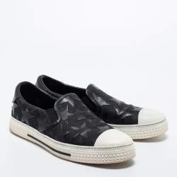 Pre Owned Valentino Black/White Canvas and Leather Star Embellished Slip On Sneakers Size 45
