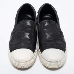 Pre Owned Valentino Black/White Canvas and Leather Star Embellished Slip On Sneakers Size 45