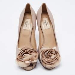 Pre Owned Valentino Beige Leather Rose Accented Peep Toe Pumps Size 40