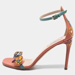 Pre Owned Valentino Multicolor Leather Flower Detail Slingback Sandals Size 38