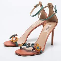 Pre Owned Valentino Multicolor Leather Flower Detail Slingback Sandals Size 38
