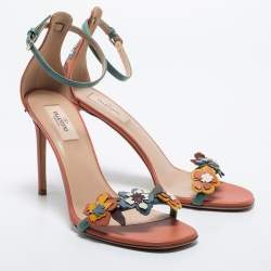 Pre Owned Valentino Multicolor Leather Flower Detail Slingback Sandals Size 38