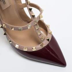 Pre Owned Valentino Burgundy/Dusty Pink Patent and Leather Rockstud Ankle Strap Pumps Size 38