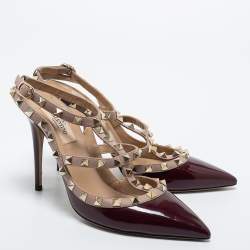 Pre Owned Valentino Burgundy/Dusty Pink Patent and Leather Rockstud Ankle Strap Pumps Size 38