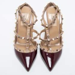 Pre Owned Valentino Burgundy/Dusty Pink Patent and Leather Rockstud Ankle Strap Pumps Size 38