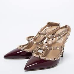 Pre Owned Valentino Burgundy/Dusty Pink Patent and Leather Rockstud Ankle Strap Pumps Size 38