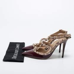 Pre Owned Valentino Burgundy/Dusty Pink Patent and Leather Rockstud Ankle Strap Pumps Size 38