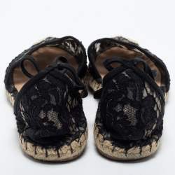 Pre Owned Valentino Black Lace Ankle Tie Espadrille Flats Size 37