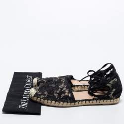 Pre Owned Valentino Black Lace Ankle Tie Espadrille Flats Size 37