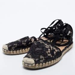Pre Owned Valentino Black Lace Ankle Tie Espadrille Flats Size 37
