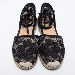 Pre Owned Valentino Black Lace Ankle Tie Espadrille Flats Size 37