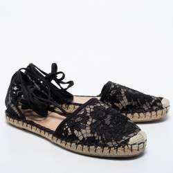 Pre Owned Valentino Black Lace Ankle Tie Espadrille Flats Size 37