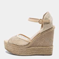 Pre Owned Valentino Beige Mesh and Leather Espadrille Wedge Sandals Size 40