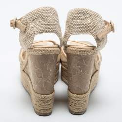 Pre Owned Valentino Beige Mesh and Leather Espadrille Wedge Sandals Size 40
