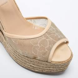 Pre Owned Valentino Beige Mesh and Leather Espadrille Wedge Sandals Size 40