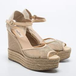 Pre Owned Valentino Beige Mesh and Leather Espadrille Wedge Sandals Size 40