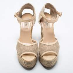 Pre Owned Valentino Beige Mesh and Leather Espadrille Wedge Sandals Size 40