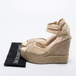 Pre Owned Valentino Beige Mesh and Leather Espadrille Wedge Sandals Size 40