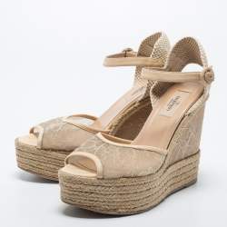 Pre Owned Valentino Beige Mesh and Leather Espadrille Wedge Sandals Size 40