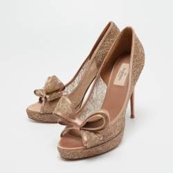 Pre Owned Valentino Beige Floral Lace Couture Bow Peep Toe Platform Pumps Size 39